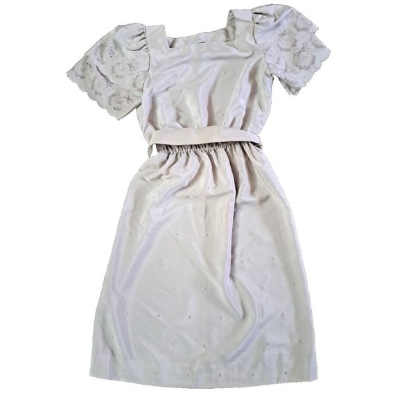 VTG Samuel Blue Womens Dress Flutter Sleeves Eyelet Lace Beige Belted 1990s S - Picture 1 of 8